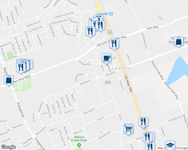 map of restaurants, bars, coffee shops, grocery stores, and more near 406 Pecan Grove Drive in Leander