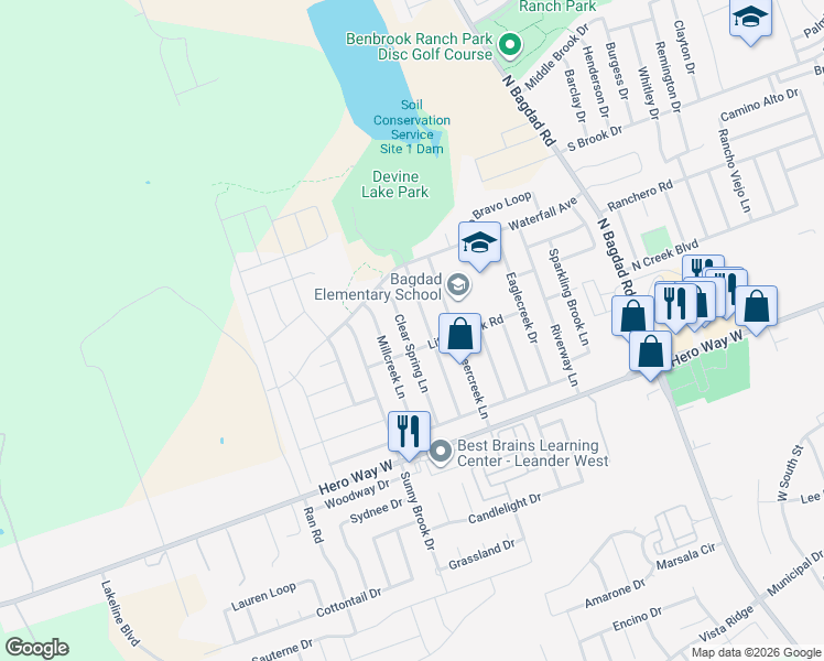map of restaurants, bars, coffee shops, grocery stores, and more near 701 Maplecreek Drive in Leander
