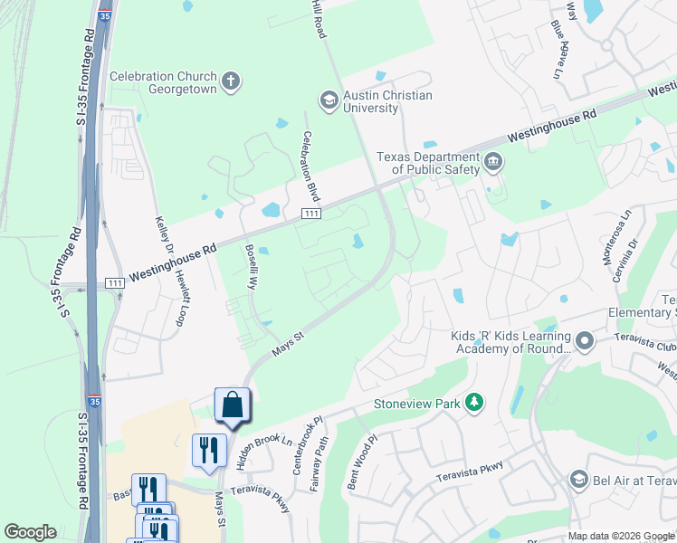 map of restaurants, bars, coffee shops, grocery stores, and more near 748 County Road 111 in Georgetown