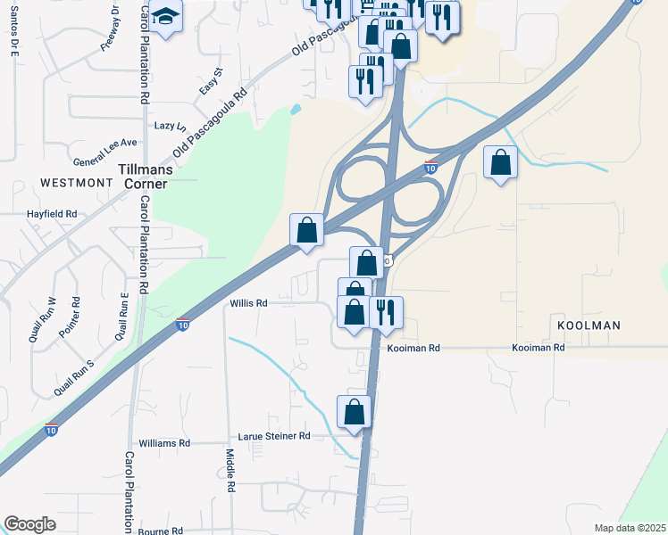 map of restaurants, bars, coffee shops, grocery stores, and more near 5310 Barry Drive in Theodore