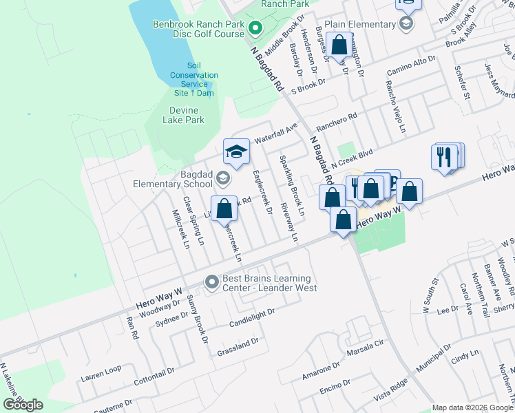 map of restaurants, bars, coffee shops, grocery stores, and more near 609 Battlecreek Lane in Leander