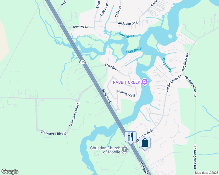 map of restaurants, bars, coffee shops, grocery stores, and more near 5455 Henning Drive West in Mobile