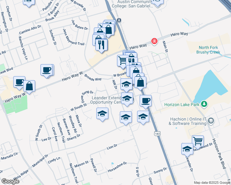 map of restaurants, bars, coffee shops, grocery stores, and more near 101 North West Drive in Leander