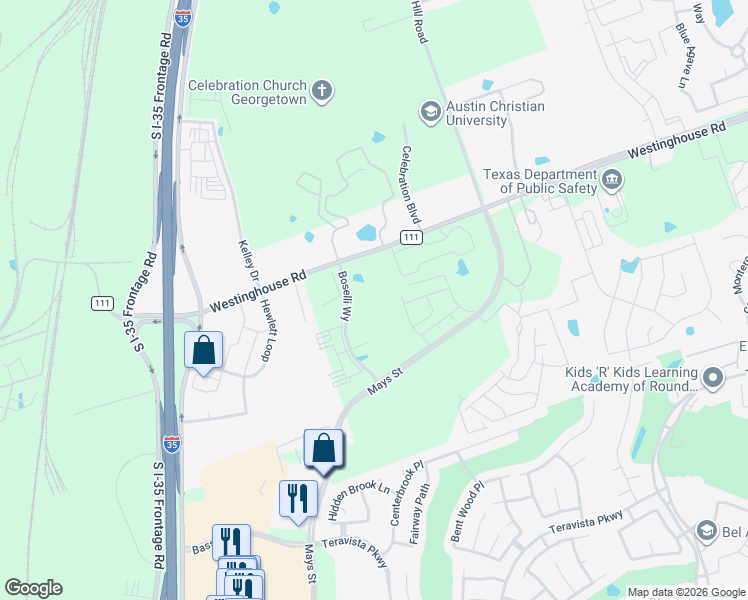 map of restaurants, bars, coffee shops, grocery stores, and more near 60312 Westinghouse Road in Georgetown