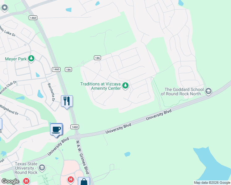 map of restaurants, bars, coffee shops, grocery stores, and more near 4929 Strada Drive in Round Rock