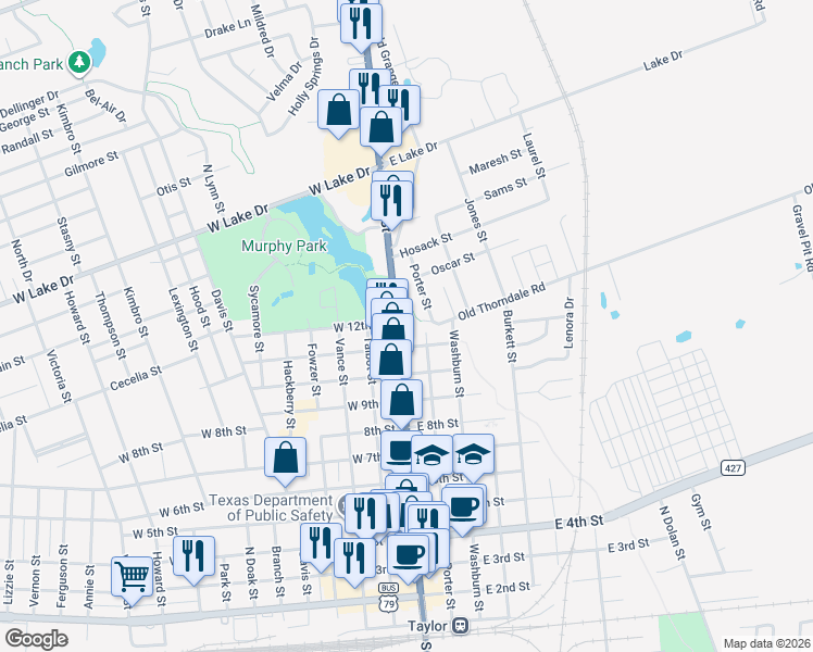 map of restaurants, bars, coffee shops, grocery stores, and more near 107 East 11th Street in Taylor