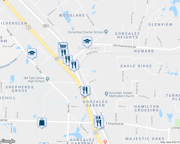 map of restaurants, bars, coffee shops, grocery stores, and more near 792 Rusty Lane in Cantonment