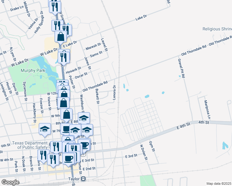 map of restaurants, bars, coffee shops, grocery stores, and more near 507 Lenora Drive in Taylor