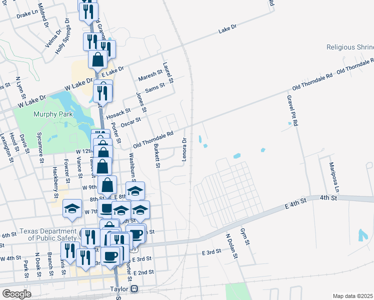 map of restaurants, bars, coffee shops, grocery stores, and more near 507 Lenora Drive in Taylor