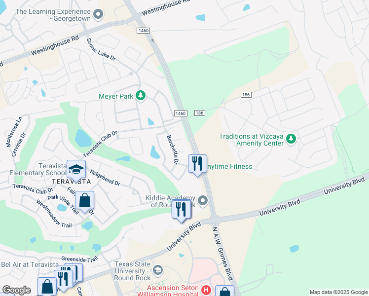 map of restaurants, bars, coffee shops, grocery stores, and more near 2109 Reston Cove in Round Rock