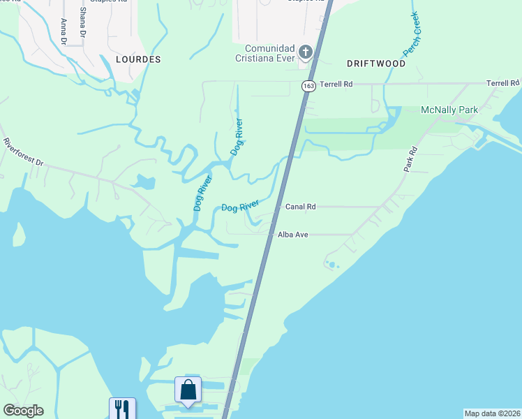 map of restaurants, bars, coffee shops, grocery stores, and more near 4510 Dauphin Island Parkway in Mobile