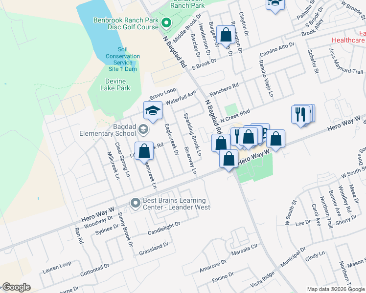 map of restaurants, bars, coffee shops, grocery stores, and more near 609 Riverway Lane in Leander