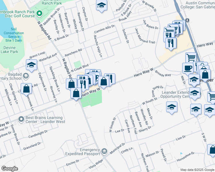 map of restaurants, bars, coffee shops, grocery stores, and more near 11800 Hero Way West in Leander
