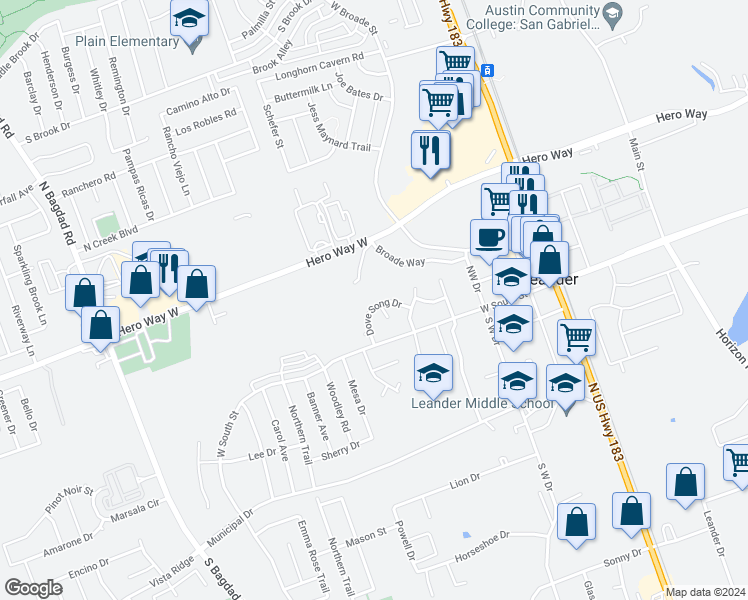 map of restaurants, bars, coffee shops, grocery stores, and more near 119 Dove Song Drive in Leander