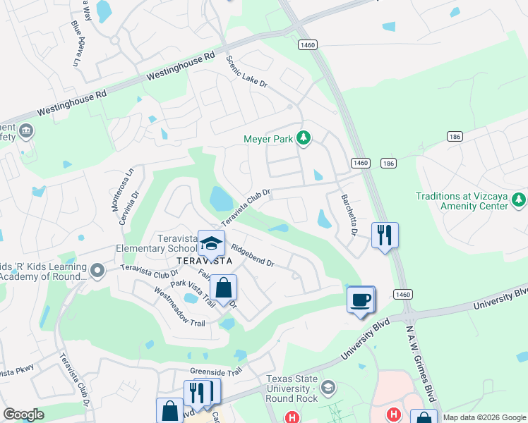 map of restaurants, bars, coffee shops, grocery stores, and more near 1905 Kempwood Court in Round Rock