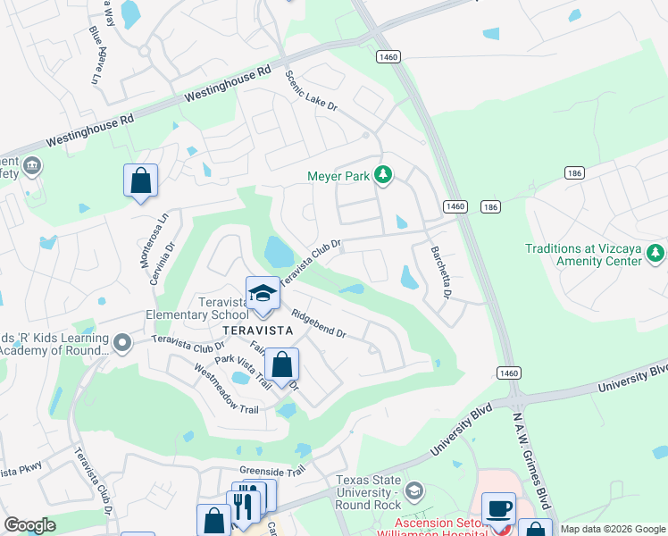 map of restaurants, bars, coffee shops, grocery stores, and more near 1905 Kempwood Court in Round Rock