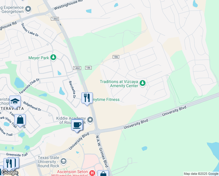 map of restaurants, bars, coffee shops, grocery stores, and more near 2504 Capestrano Circle in Round Rock