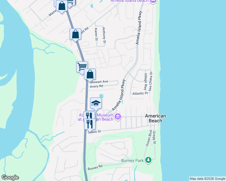 map of restaurants, bars, coffee shops, grocery stores, and more near 1614 Ian Drive in Fernandina Beach