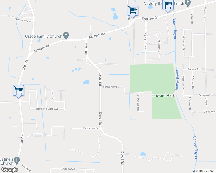 map of restaurants, bars, coffee shops, grocery stores, and more near 13535 Forest View Lane in Baton Rouge