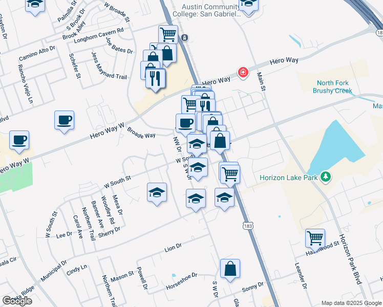 map of restaurants, bars, coffee shops, grocery stores, and more near 301 West South Street in Leander