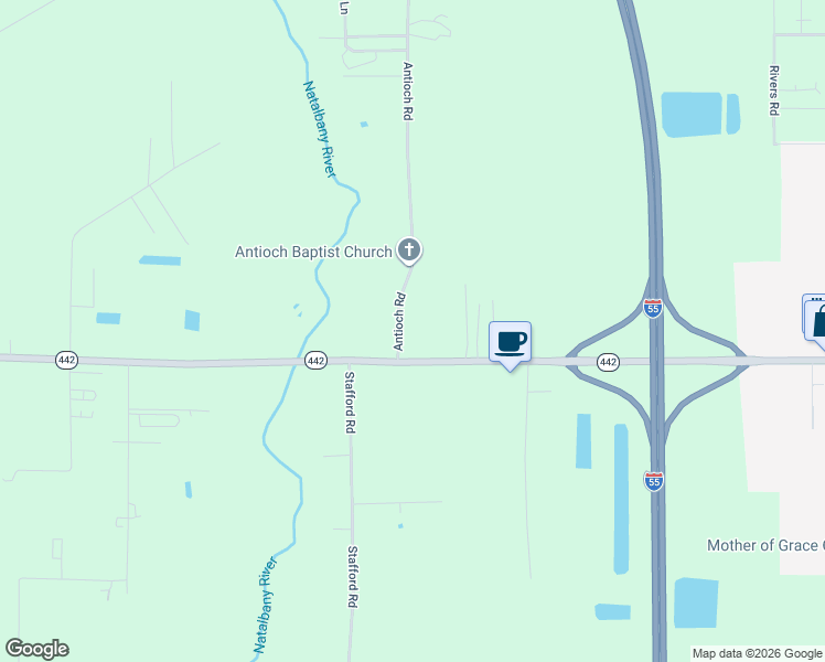 map of restaurants, bars, coffee shops, grocery stores, and more near 50052 Antioch Road in Tickfaw