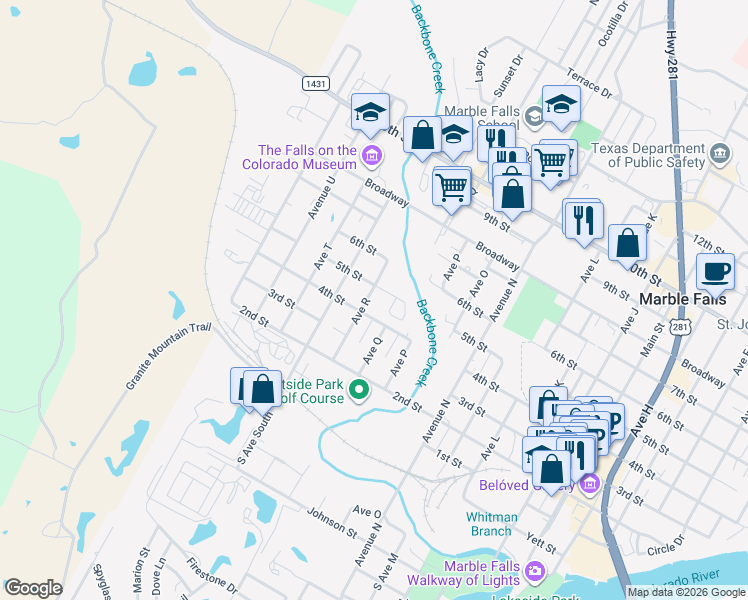 map of restaurants, bars, coffee shops, grocery stores, and more near 1703 4th Street in Marble Falls