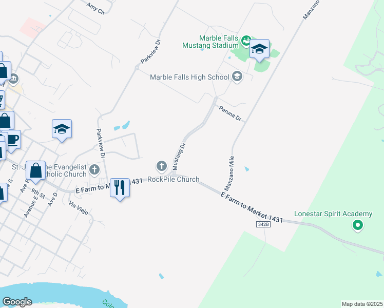 map of restaurants, bars, coffee shops, grocery stores, and more near 1600 Mustang Drive in Marble Falls
