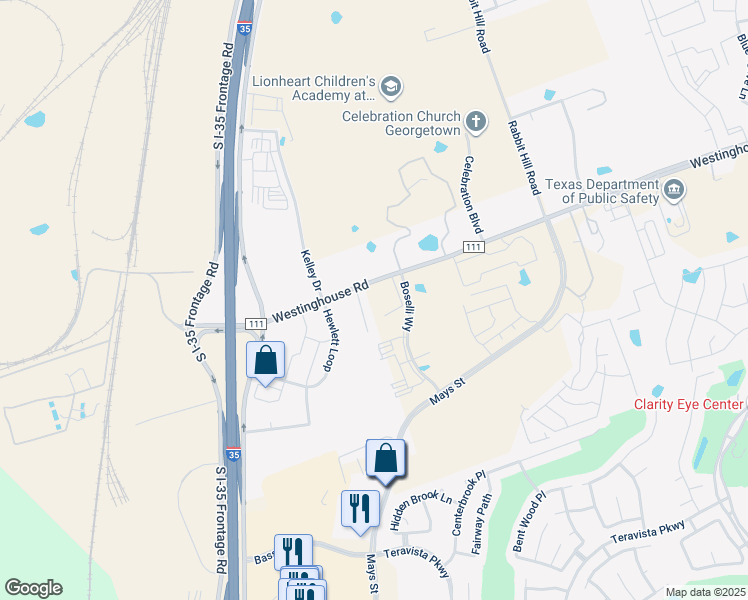 map of restaurants, bars, coffee shops, grocery stores, and more near 60312 County Road 111 in Georgetown