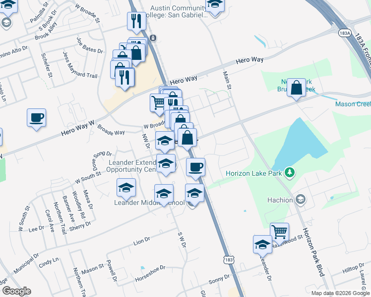 map of restaurants, bars, coffee shops, grocery stores, and more near 101 U.S. 183 in Leander