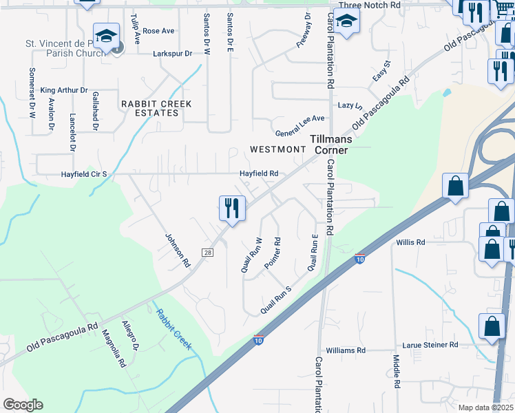map of restaurants, bars, coffee shops, grocery stores, and more near 6241 Old Pascagoula Road in Theodore