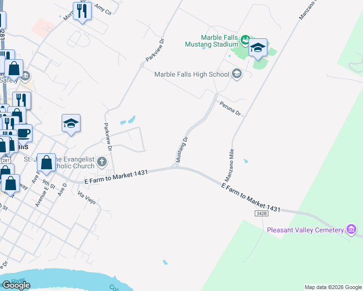 map of restaurants, bars, coffee shops, grocery stores, and more near Mustang Drive in Marble Falls