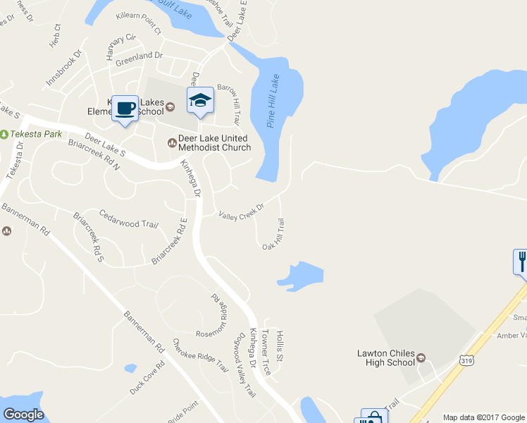 map of restaurants, bars, coffee shops, grocery stores, and more near 3447 Valley Creek Drive in Tallahassee