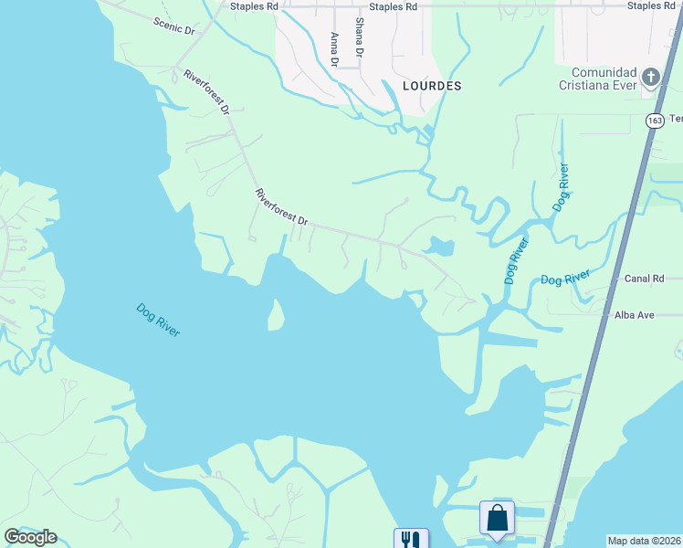 map of restaurants, bars, coffee shops, grocery stores, and more near 2223 Riverforest Drive in Mobile