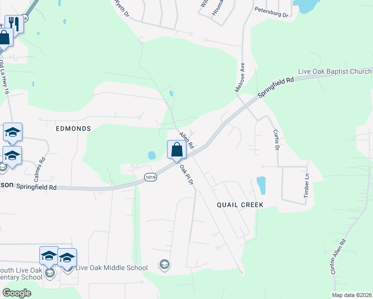 map of restaurants, bars, coffee shops, grocery stores, and more near 35329 Will Allen Road in Denham Springs
