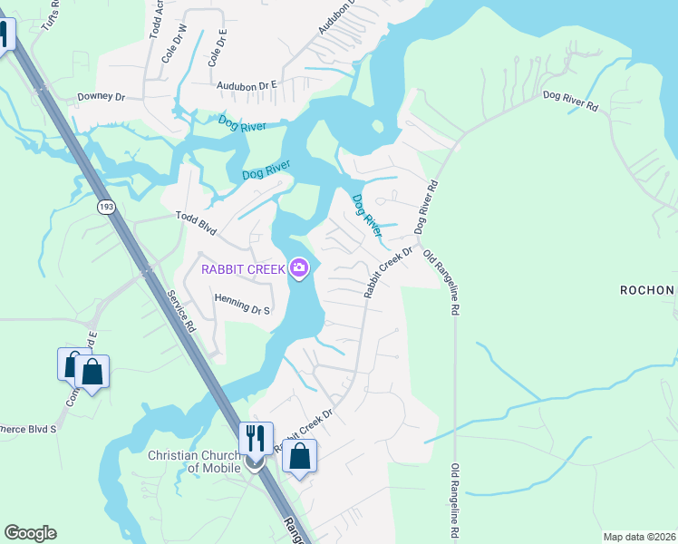 map of restaurants, bars, coffee shops, grocery stores, and more near 3817 Ryan Court in Theodore