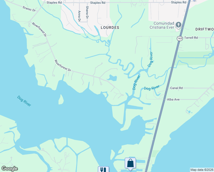 map of restaurants, bars, coffee shops, grocery stores, and more near 2101 River Forest Dr in Mobile