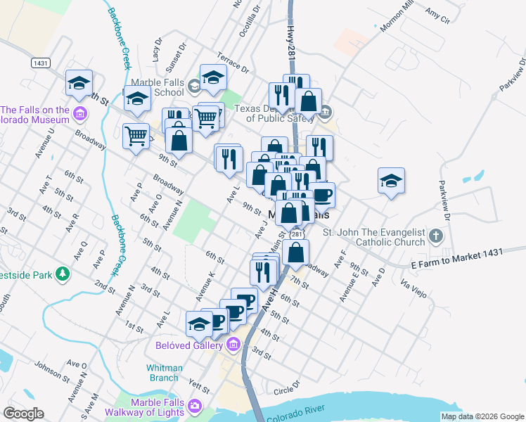 map of restaurants, bars, coffee shops, grocery stores, and more near in Marble Falls