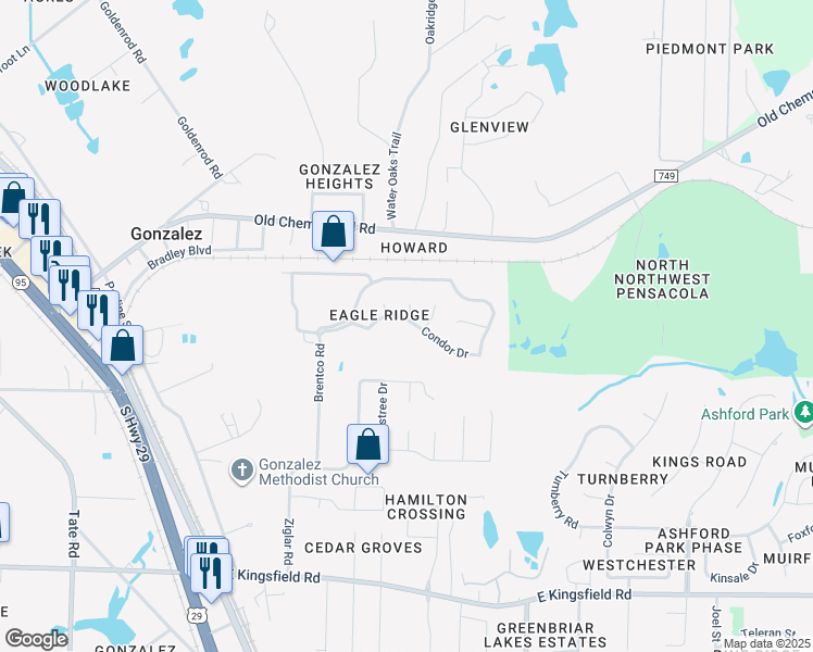 map of restaurants, bars, coffee shops, grocery stores, and more near 1465 Shore Bird Terrace in Cantonment