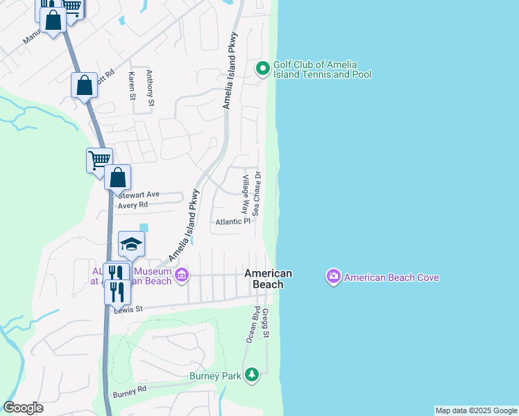 map of restaurants, bars, coffee shops, grocery stores, and more near 5236 Sea Chase Drive in Fernandina Beach