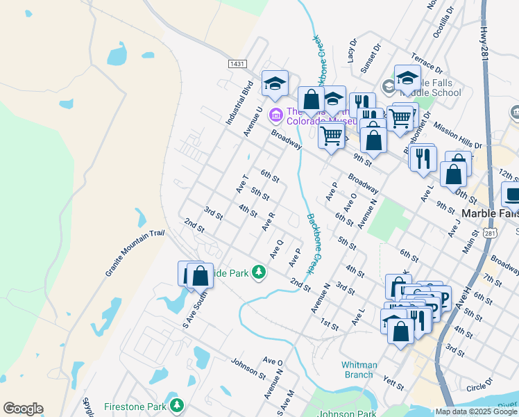 map of restaurants, bars, coffee shops, grocery stores, and more near 409 Avenue South in Marble Falls
