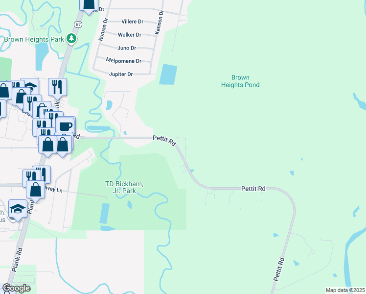 map of restaurants, bars, coffee shops, grocery stores, and more near 7463B Pettit Road in Baker