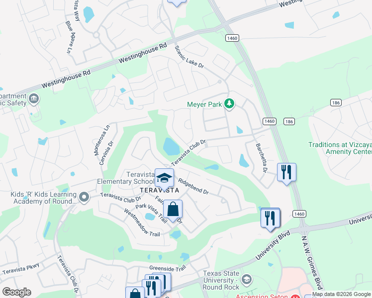 map of restaurants, bars, coffee shops, grocery stores, and more near 4493 Miraval Loop in Round Rock