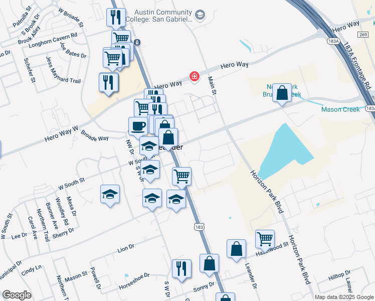 map of restaurants, bars, coffee shops, grocery stores, and more near 100 East South Street in Leander