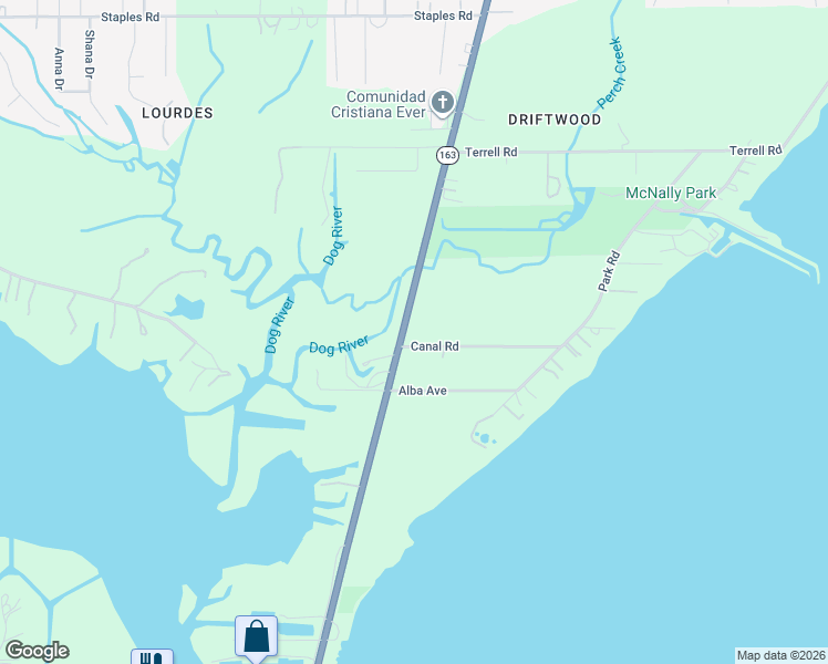 map of restaurants, bars, coffee shops, grocery stores, and more near 4465 Dauphin Island Parkway in Mobile