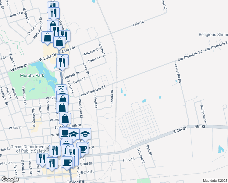 map of restaurants, bars, coffee shops, grocery stores, and more near 523 Lenora Drive in Taylor