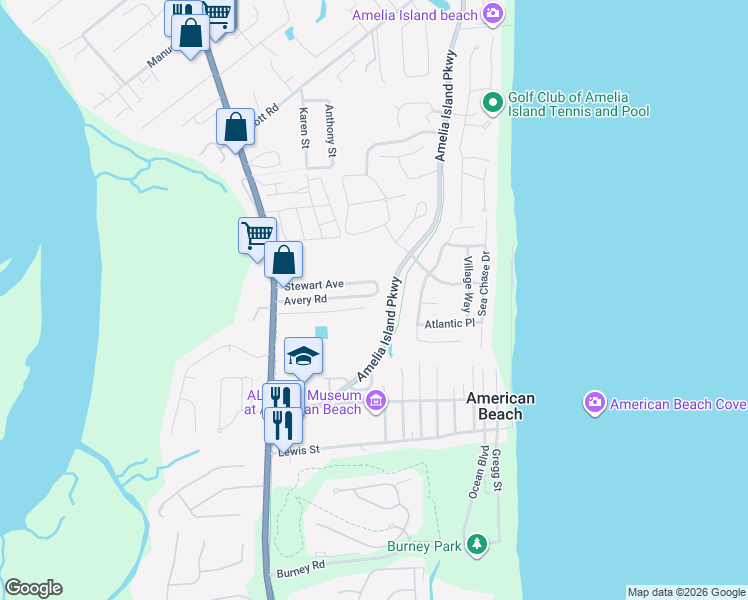 map of restaurants, bars, coffee shops, grocery stores, and more near 1624 Stewart Avenue in Fernandina Beach