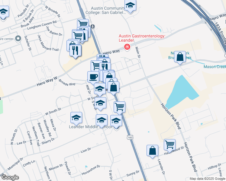 map of restaurants, bars, coffee shops, grocery stores, and more near Ranch to Market Road 2243 in Leander