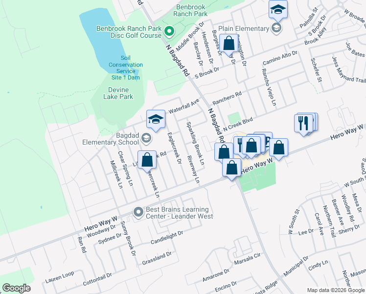 map of restaurants, bars, coffee shops, grocery stores, and more near 700 Riverway Lane in Leander