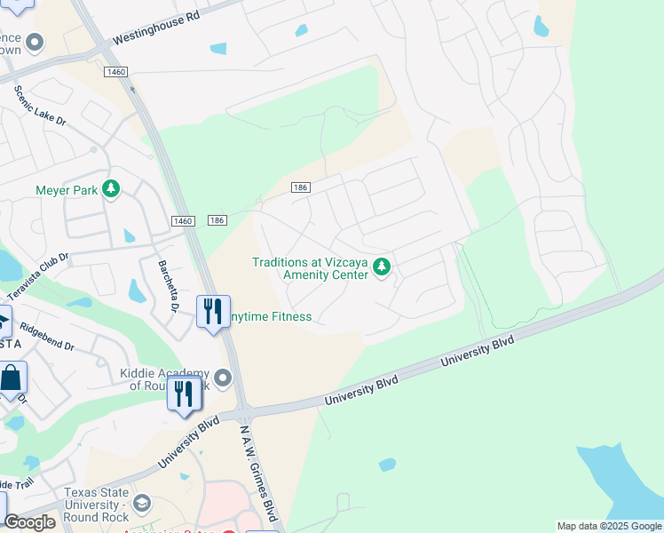 map of restaurants, bars, coffee shops, grocery stores, and more near 2621 Enza Drive in Round Rock