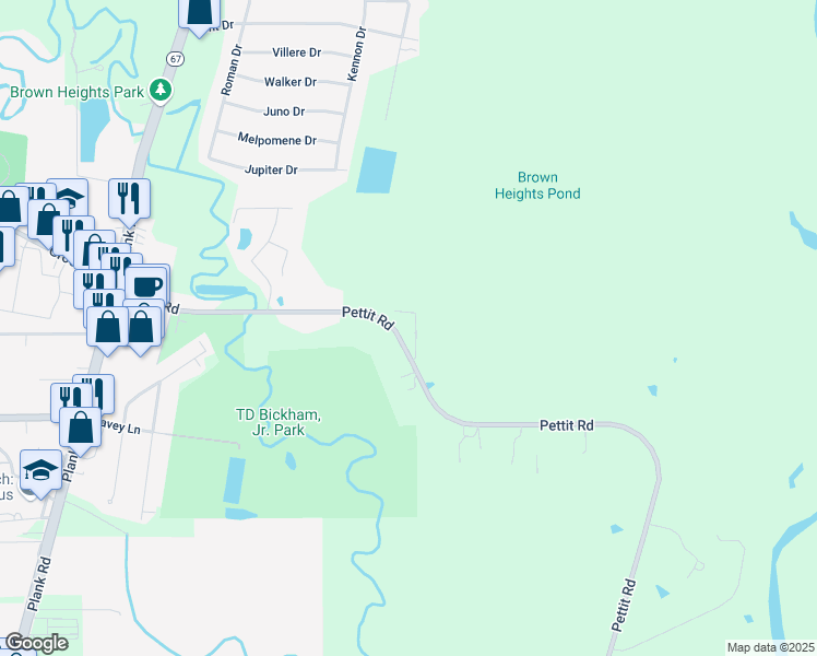 map of restaurants, bars, coffee shops, grocery stores, and more near 7463B Pettit Road in Baker